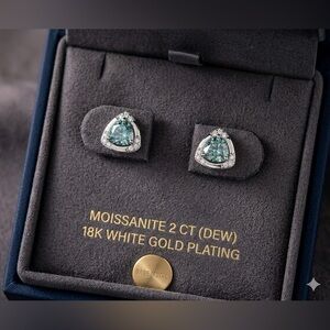 New Blue Triangle Moissanite Stud Earrings in 18K White Gold Plating with GRA